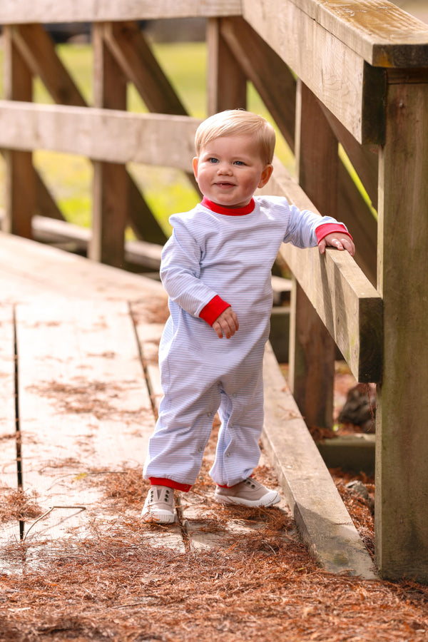 Miller Romper- Light Blue Stripe/Red