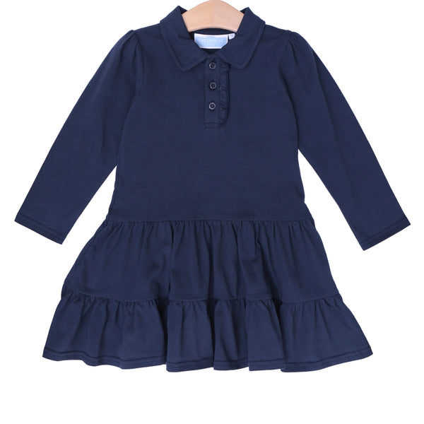 Ruffle LS Polo Dress- Navy