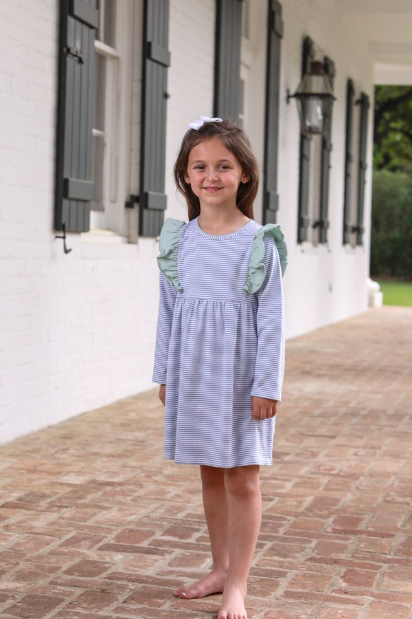 Madison Dress- Dusty Blue Stripe/Sage Green