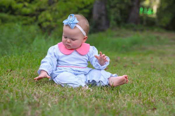 Katherine Romper- Light Blue Stripe/Pink