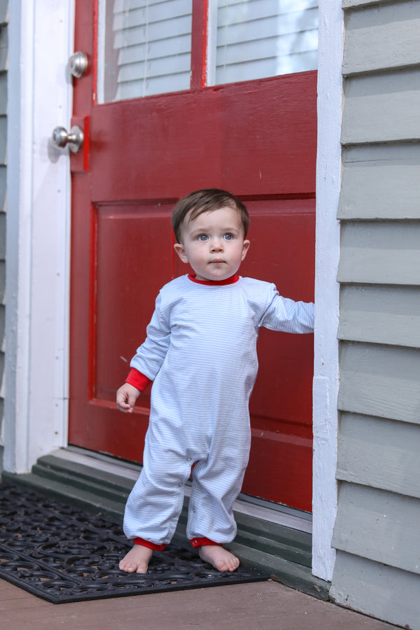 Miller Romper- Light Blue Stripe/Red